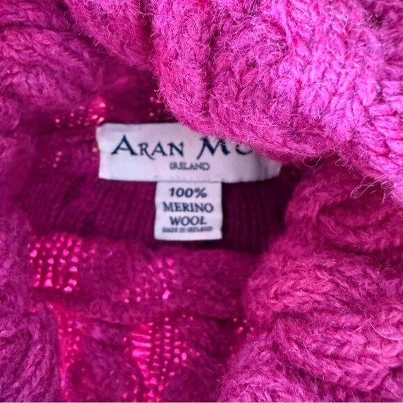 Aran Mor Women's 100% Merino Wool Magenta Chunky Fisherman Sweater Turtleneck S - Picture 3 of 9